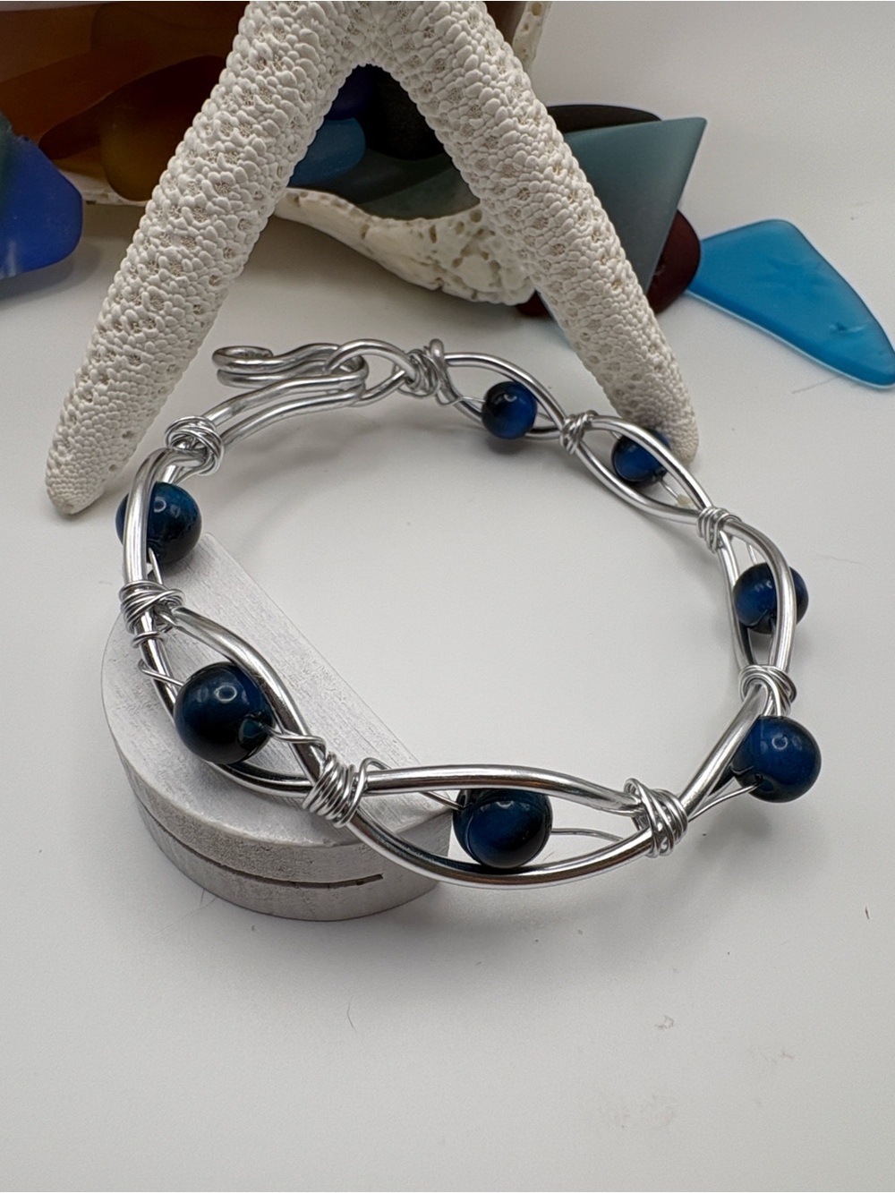 Handcrafted Silver Wire Bracelet with Navy Blue Beads